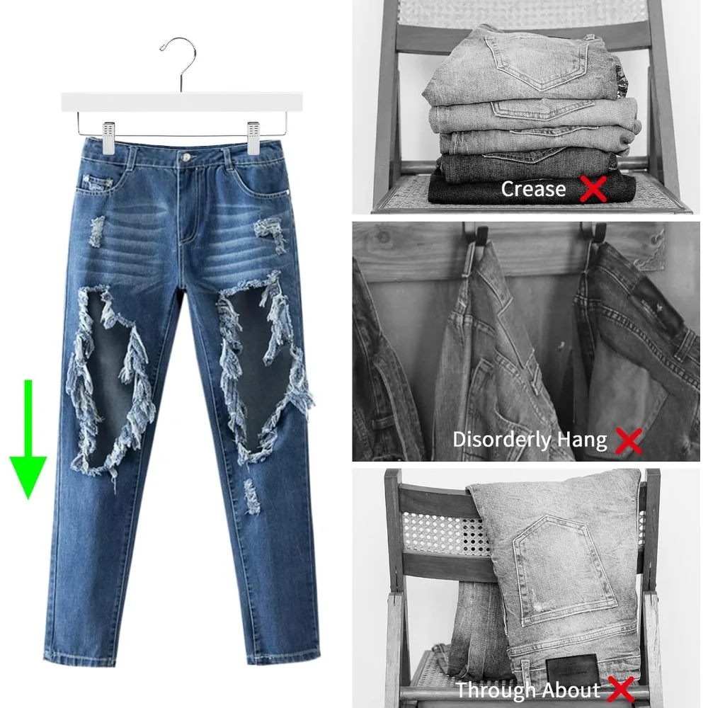 Wooden Pants Hangers Wood Bottom Jeans Skirt Hanger with Clips Anti Rust Hook Pack of 10 (White)