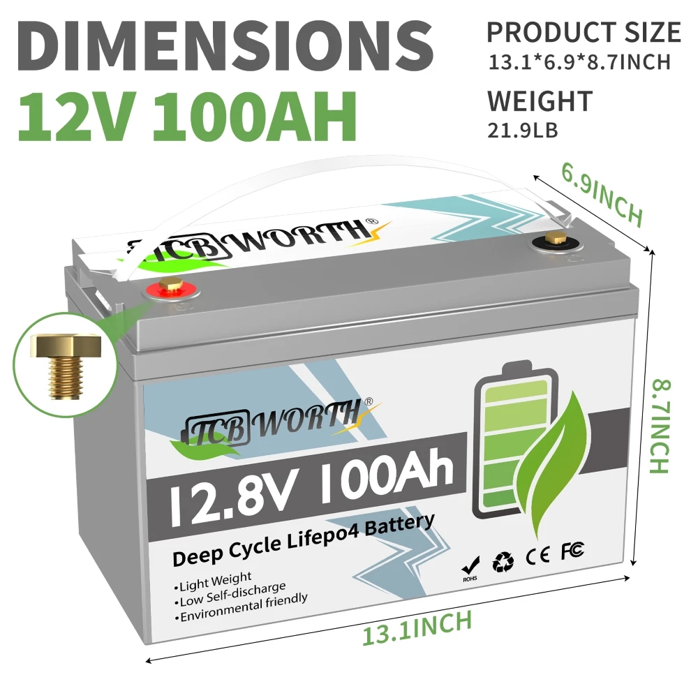 Marine Battery 12V 100Ah 6AH LiFePO4 Battery Lithium With BMS 1280Wh 6000+ Deep Cycle For Boat Kayak Trolling Motor RV
