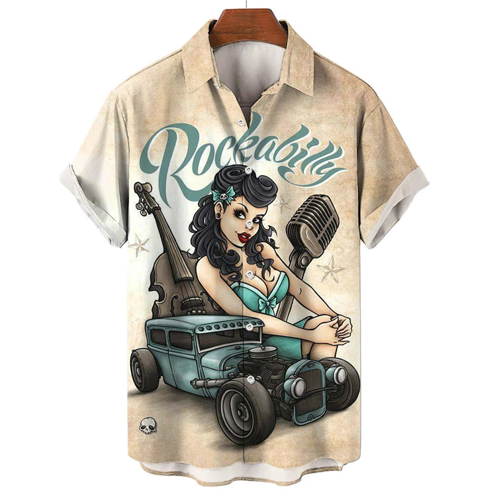 

Vintage Fashion Shirts For Men Violin Rocker Printed Rockabilly Hawaiian Shirt Short Sleeve Tops Homme Harajuku Ropa Hombre