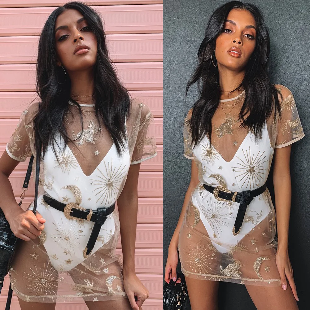 

New Women Casual Sexy Mesh Crochet Dress Ladies Cover Up See Through Summer Holiday Beach Swimwears Fashion Club Street Style