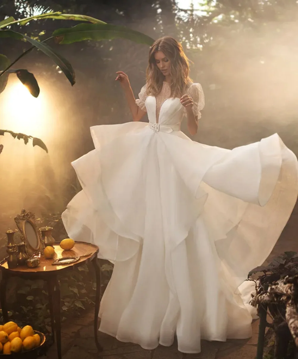 Vestido de casamento feminino com decote em o, manga curta inchada com renda até o chão, linha A em camadas, vestido de noiva novo, 2024, especial