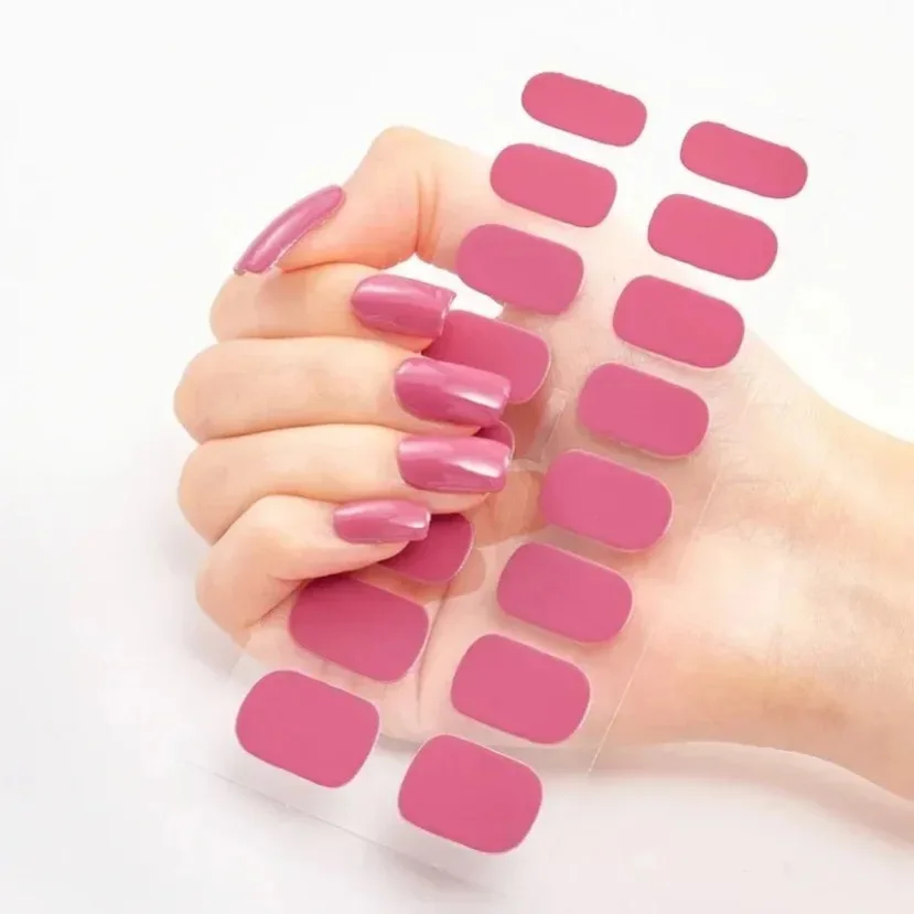 Nail Stickers 16Tips UV Semi-Cured Gel Nail Wraps Sticker 5D Pure Color Full Cover UV Lamp Gel Sticker Long-Lasting Nail Extension Patch Strip