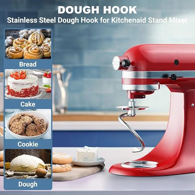 Stainless Steel Spiral Dough Hook for Kitchenaid Stand Mixer, Fits 6 QT Tilt-Head Stand , Dishwasher Safe