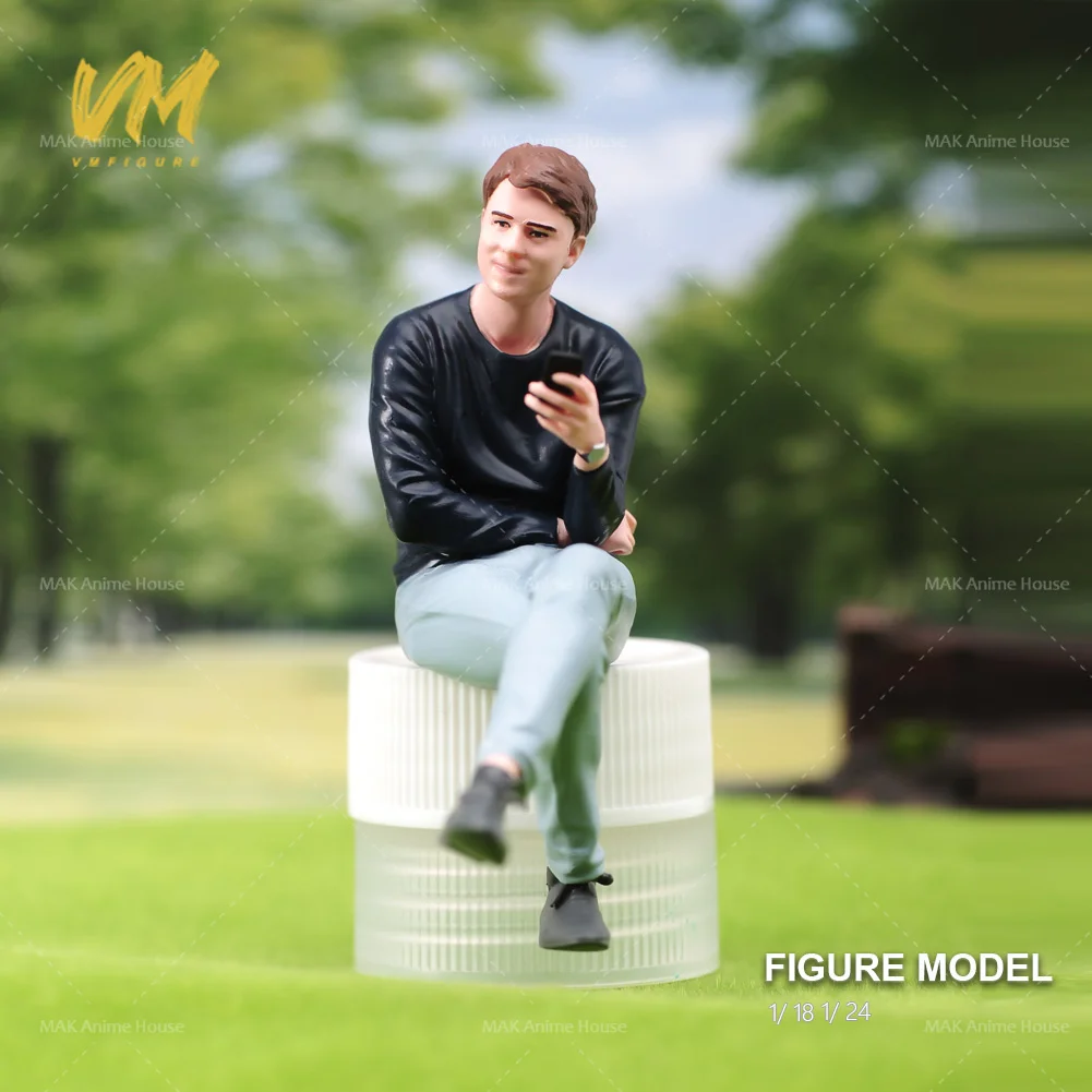 Exquisite Painted Miniature Sitting Man with Phone - Creative Scene Toy