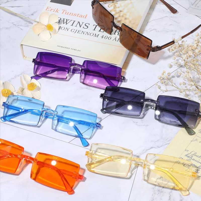 Rectangle Gradient Rimless Fashion Retro Rimless Rectangular Sunglasses Candy Color Sunglasses ...