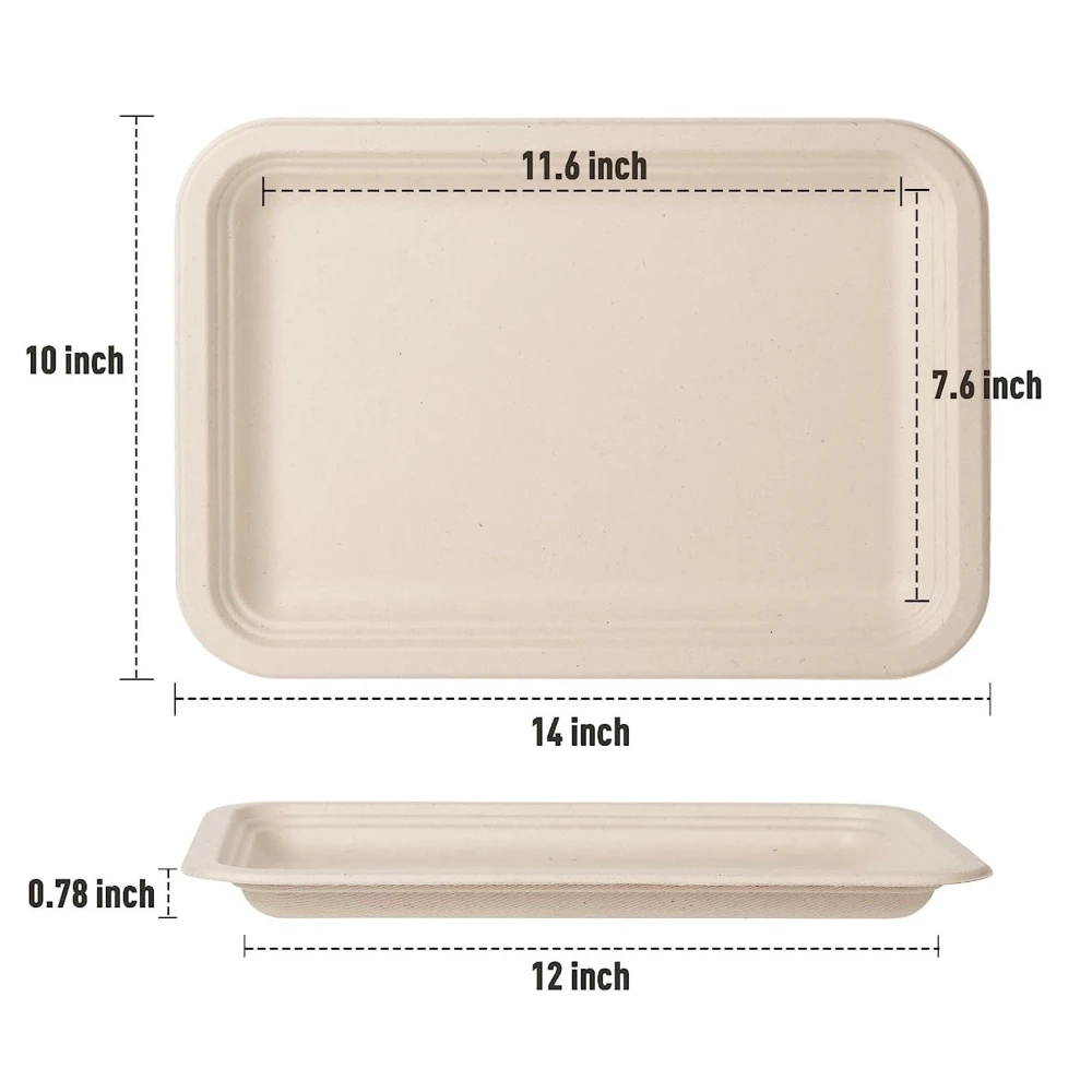 50 Pcs 14 Inch Disposable Food Trays Eco-friendly Large Paper Plates Compostable Sugarcane Filber for Party