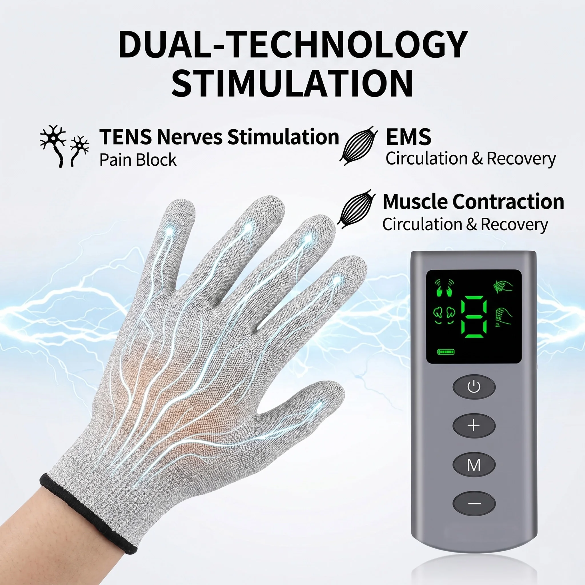 Guanti Massaggianti TENS EMS, Stimolatore Muscolare, Dispositivo per Fisioterapia Manuale, Sollievo dal Dolore, 4 Modalità, 9 Livelli, Kit Portatile per Cura della Bellezza e Spa - immagine 2