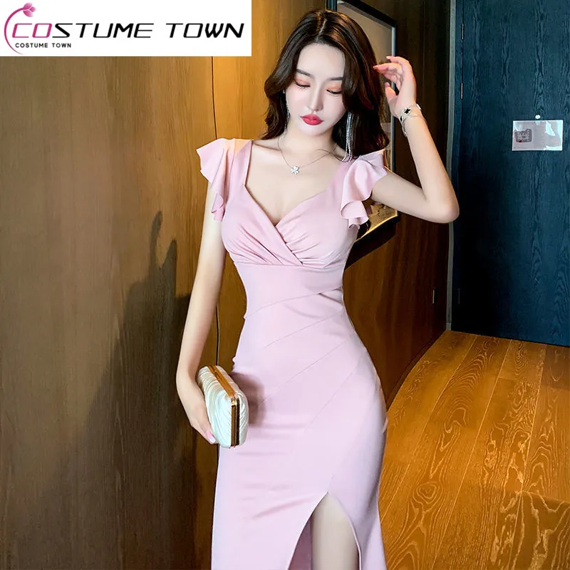 

Temperament Evening Dress for Women 2023 New High End Celebrity Sexy V-neck Low Cut Pleated Slim Fit Split Wrapped Hip Dress