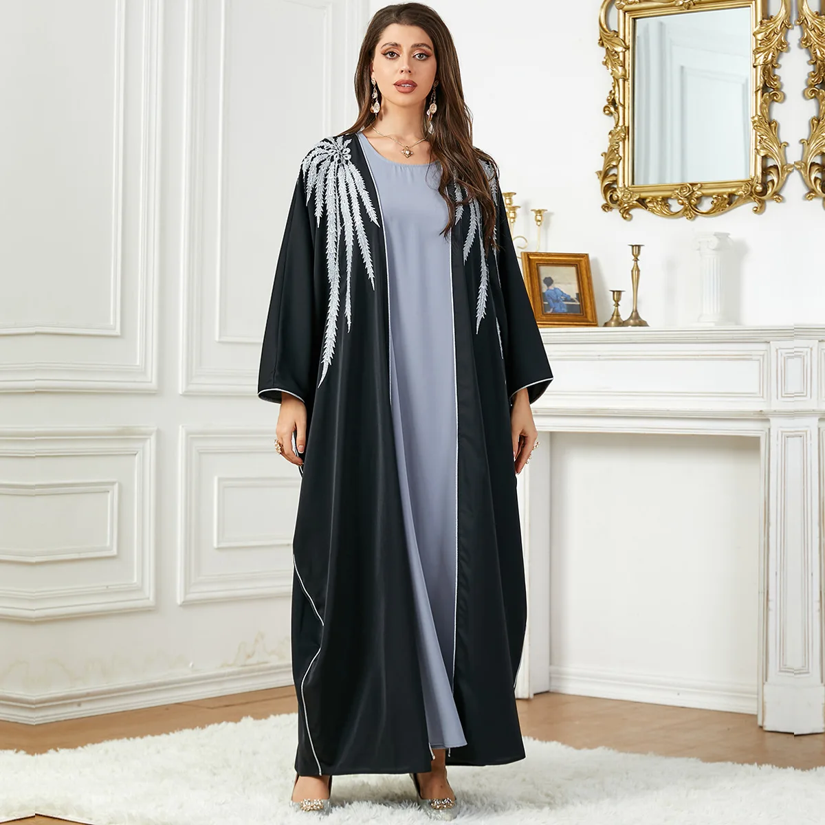 

2 Piece Muslim Women Bat Sleeve Open Abaya Kimono Inner Dress Sets Turkey Islam Kaftan Dubai Arab Robe Morocco Abayas Eid Caftan