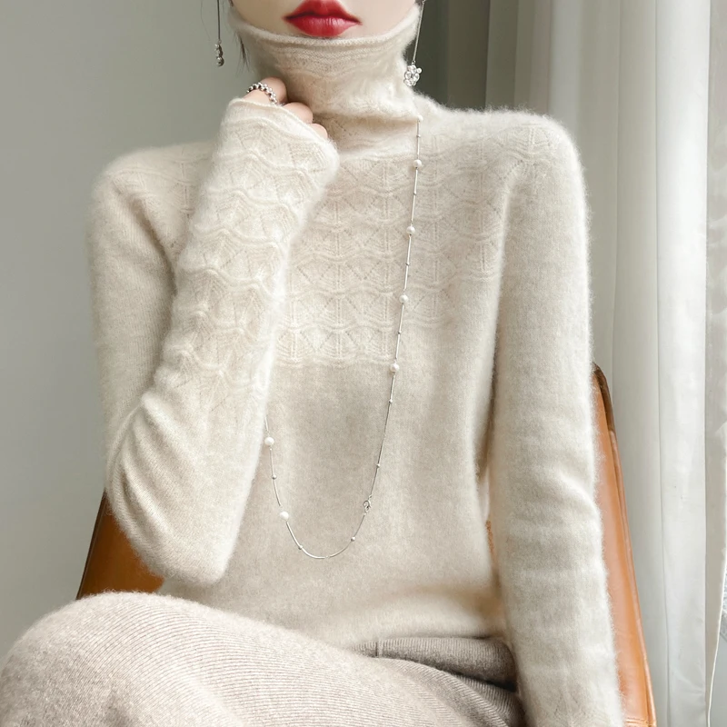 Fashion Cashmere Jumper 100% Merino Wool Pullover Winter High Neck Solid Long Sleeve Women's Seamless Hollow out Knitted Sweater