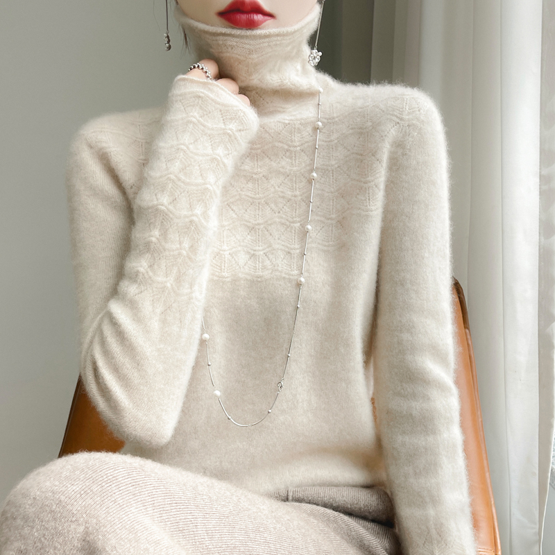 Fashion Cashmere Jumper 100% Merino Wool Pullover Winter High Neck Solid Long Sleeve Women's Seamless Hollow out Knitted Sweater