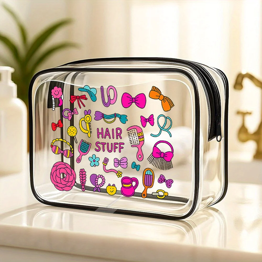 Clear Cosmetic Bag. Adorable hair-stuff design for travel, gym or beach. A perfect gift.