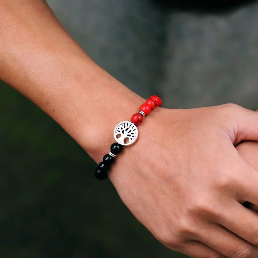 New Fashion Life Tree Bracelet For Men Bicolor Natural Tiger Eyes Obsidian Stone Braslet Lucky Red Howlite Charm Braclet Pulsera - Image 3