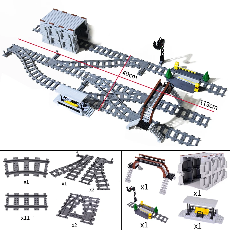 City Train Station Platform Traffic Light Cave Flyover Tracks Straight Curved Rails Building Block Bricks Technican Creative Toy
