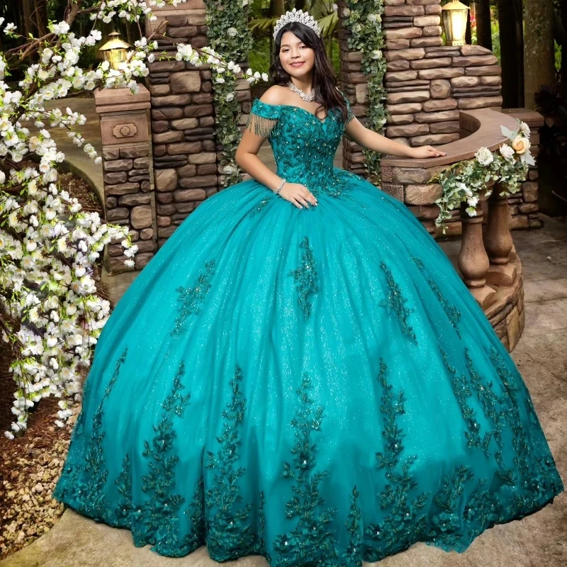 

Emerald Green Shiny V-Neck Appliques Lace Beads Green Quinceanera Dresses Ball Gown Corset Princess Dress vestidos de 15