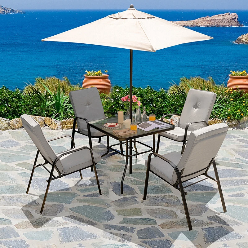 

6 Pieces Patio Dining Set with Umbrella and Stackable Cushioned Chairs Garden Party Supplies Outdoor Tables Furniture