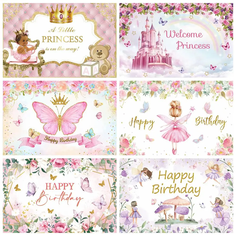 Newborn Baby Shower Backdrop Butterfly Flowers Princess Girl Happy Birthday Party Photography Background Decor Banner photo backdrop