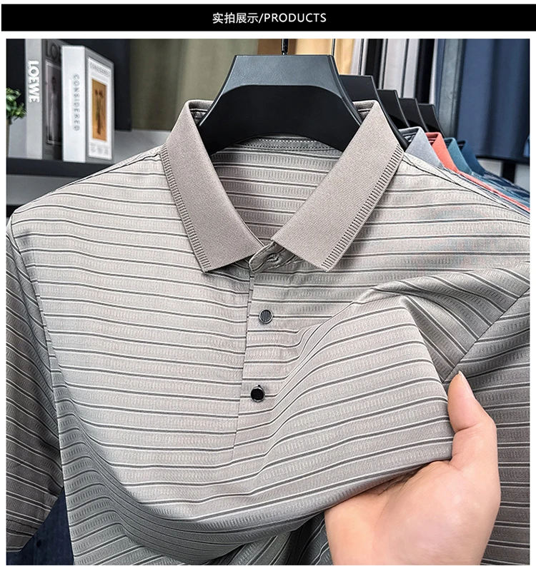 High Quality Summer Men's Business Casual Short Sleeve Comfortable Stripe Lapel Fashion Polo Short Sleeve No Trace T-shirt Top 16 Sd61534681bcb4735a3b9ca91a56126794