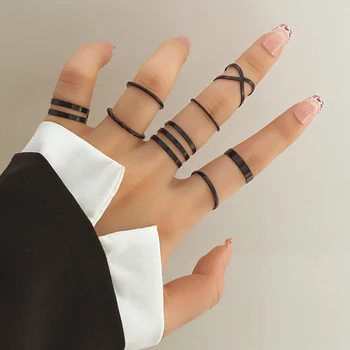 2025 Kpop Punk Geometric Black Chain Open Ring For Women BFF Wedding Luxury Vintage Grunge Aesthetic Jewelry EMO Y2K Accessories 1