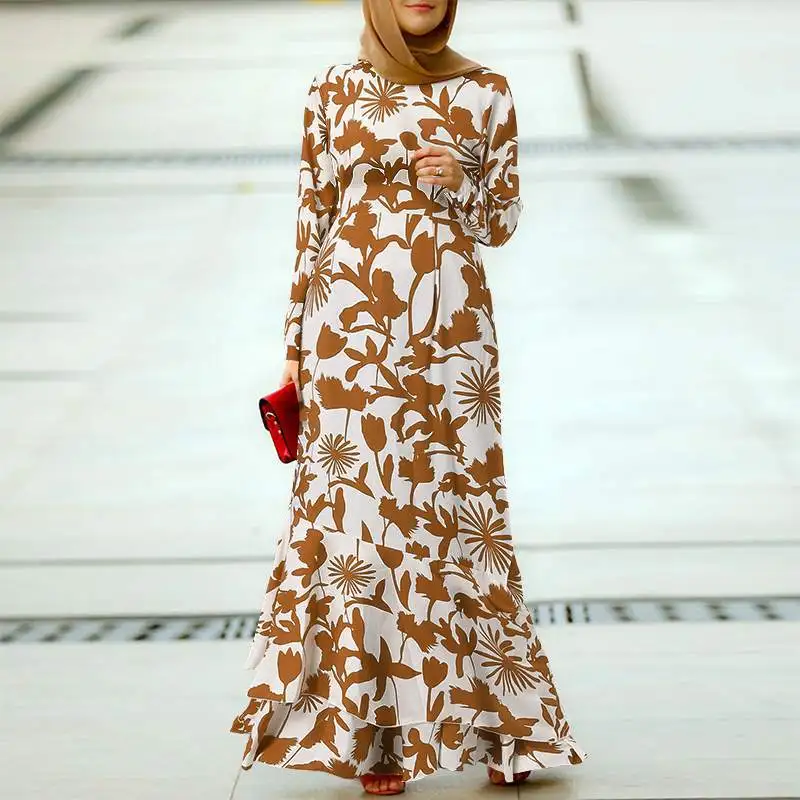 2023 Hot Sale Abayat Muslim Abaya Femme Boho Print Ruffle Hem Elegant Islamic Women Dress for Middle East Arabian Turkey