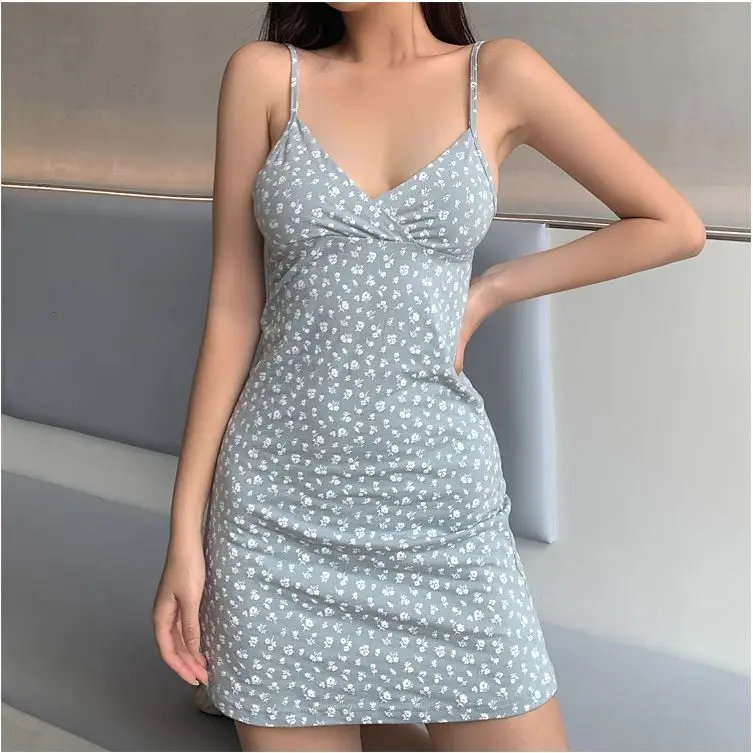 

Vintage printed v-neck suspender dress for women 2023 new floral Slip dress black dress summer