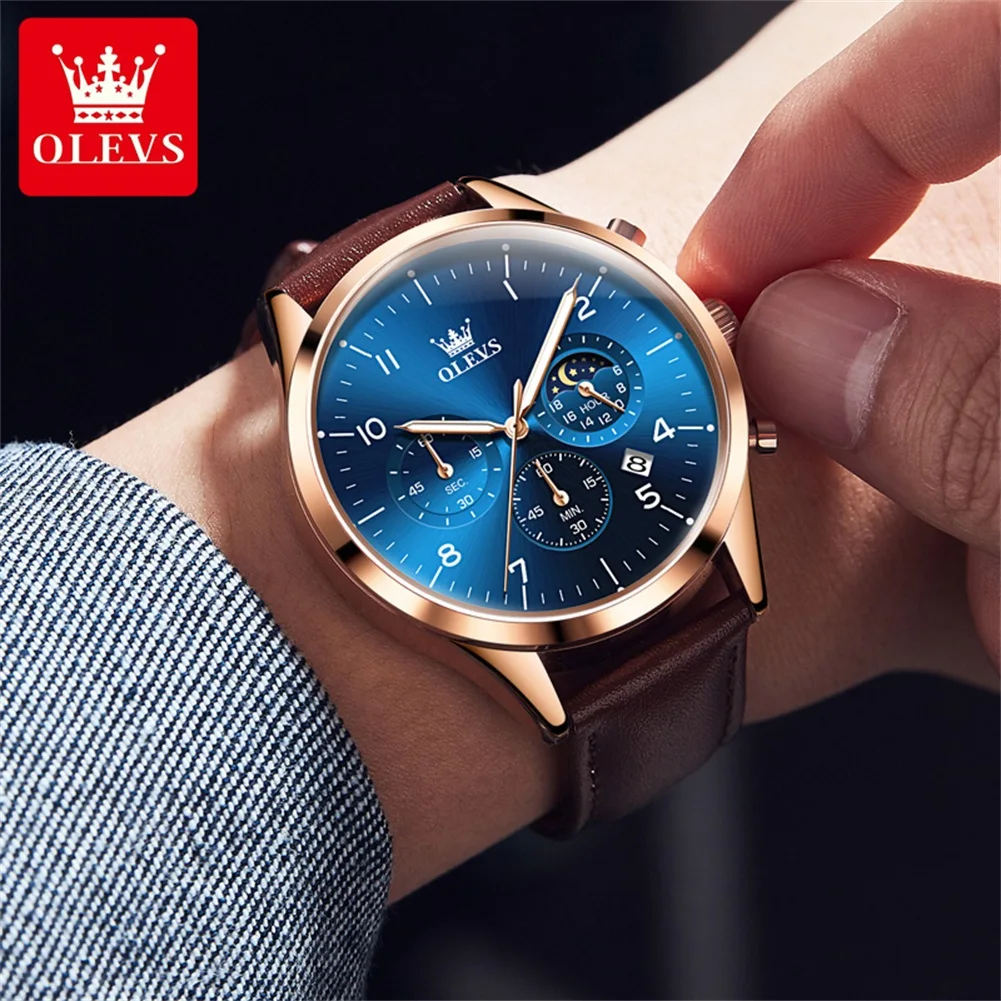 

OLEVS Brand Luxury Multifunction Quartz Watch Men Leather Waterproof Luminous Calendar 24 Hours Moon Phase Fashion Mens Watches