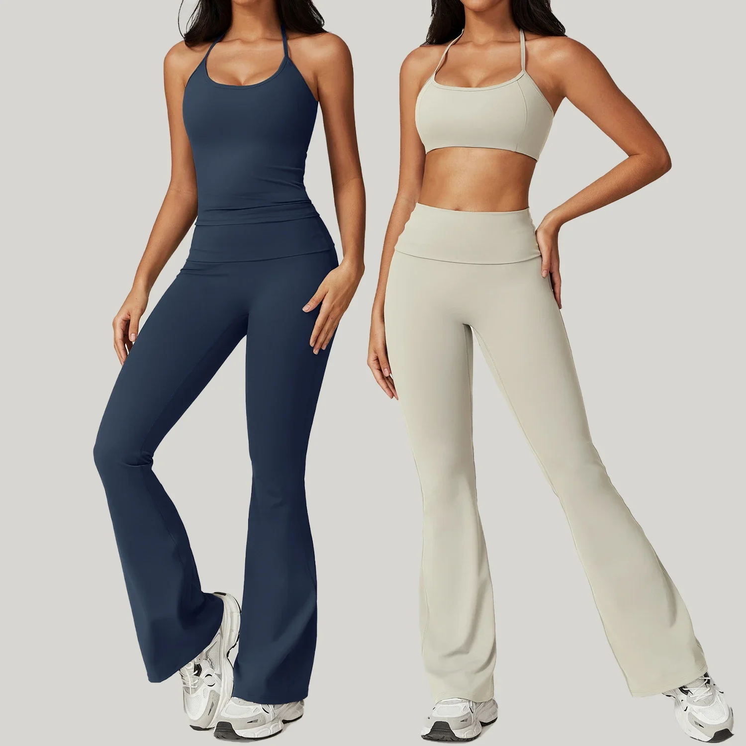 Hanging Neck Back Yoga Flared Pants Set Flip Fold High Waisted Skinny Gym Workout Breathable Casual Fitness Exercise Clothing yoga set sports set gym workout set sportswear set fitness set yoga pants set