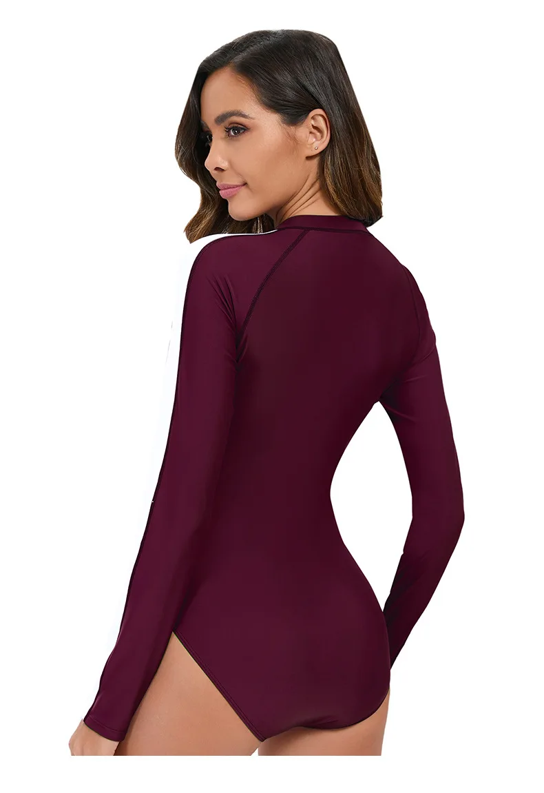 Women Long Sleeve Bathing Suit Wetsuit One-Piece Swimsuit Half-Zip Design Slim Fit Beach Surfing Swimwear Multiple Colors