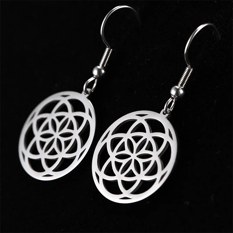 Edelstahl aegishjalmur vegvisir Kompass baumeln Ohrring für Frauen Wikinger Blume des Lebens Amulett Tropfen Ohrringe Mädchen Schmuck – Detail 22