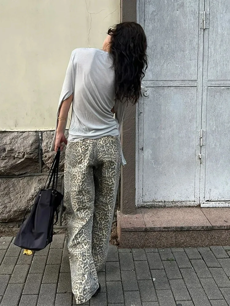 Y2K American Leopard Washed Jeans Female Street Retro Hot Girl Loose Pants Korean Style Casual High Waist Straight Jeans Women