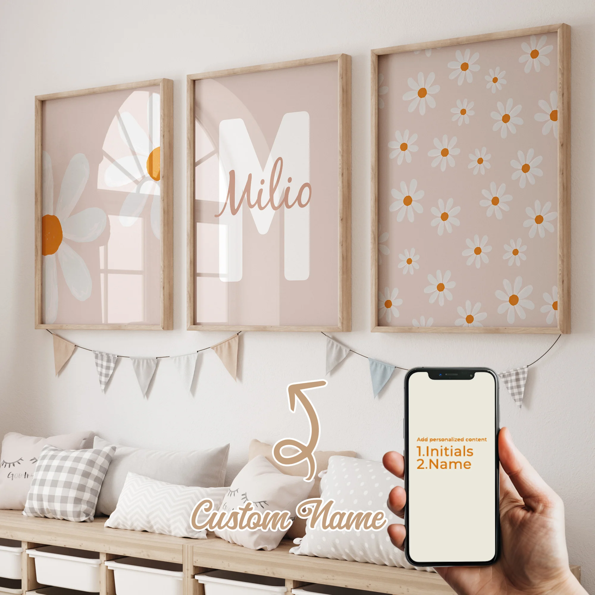 3pcs Personalized Custom Name Cartoon Pink Daisy Wall Art Print Picture Canvas Poster Painting For Living child Room Home Decor 3