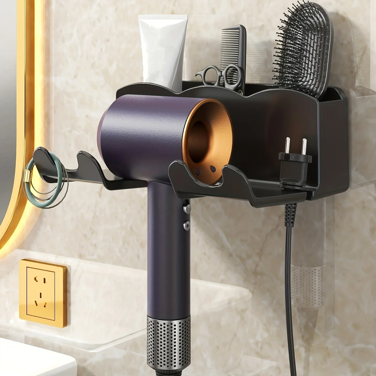 Alt: "Wall Mounted Hair Dryer Holder Bathroom Storage Rack from Acuvick"