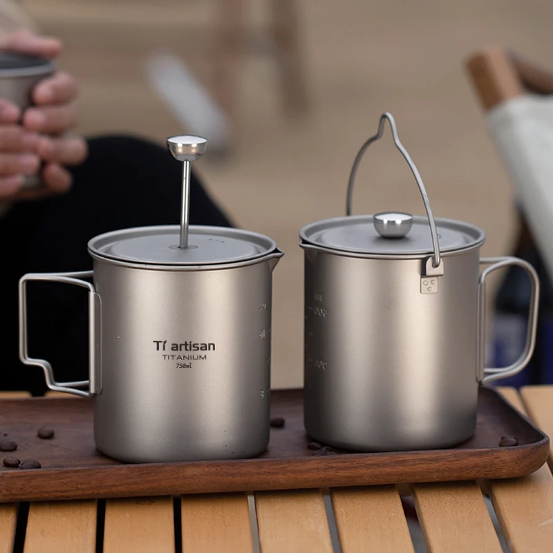 Outdoor Camping Titanium Coffee Pot Water Cup 750ml/25OZ with French Press Coffee Maker Cook Pot for Travel Campfire