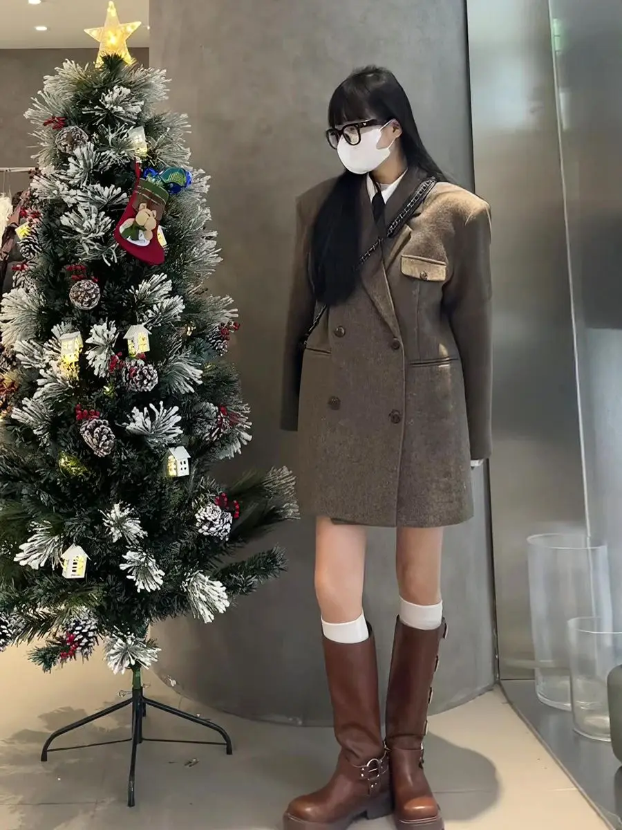 Women's Autumn/winter Cotton College Style Short Woolen Blazer Retro Casual Solid Color Loose Double Breasted Woolen Suit Jacket