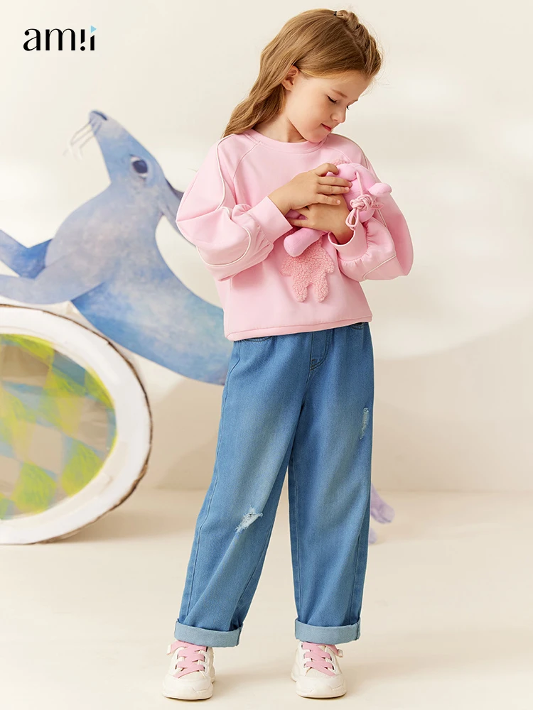 

AMII Kids 3-12 Years Children's Jeans 2022 Autumn Girls Clothing Minimalism Fashion Casual Denim Straight Loose Pants 22240008