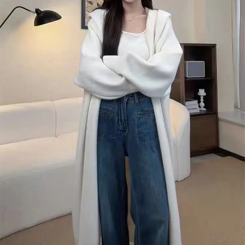 Korean Hooded Knitted Cardigan for Women Autumn Winter Casual Single Breasted Long Cardigan Woman Soft Solid Color Coats Female 2