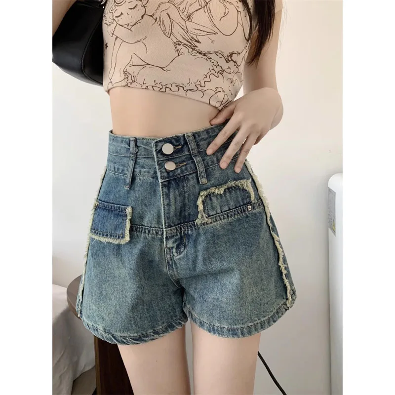 Women's 2024 new Summer Fashion High Waist Button Spliced   Versatile Casual Loose Simplicity Commuter Vintage denim shorts
