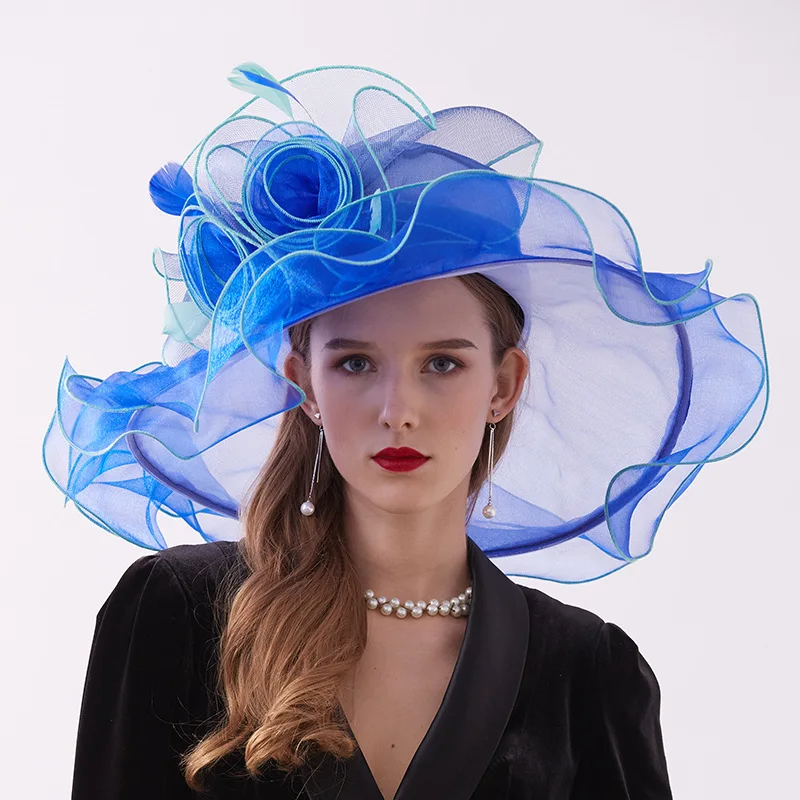 Women\'s Derby Hat Sun Hat Organza Feather Kentucky Fascinator UV Protection Women Organza Church Derby Hat Wide Brim Sun Hats for  main image 2