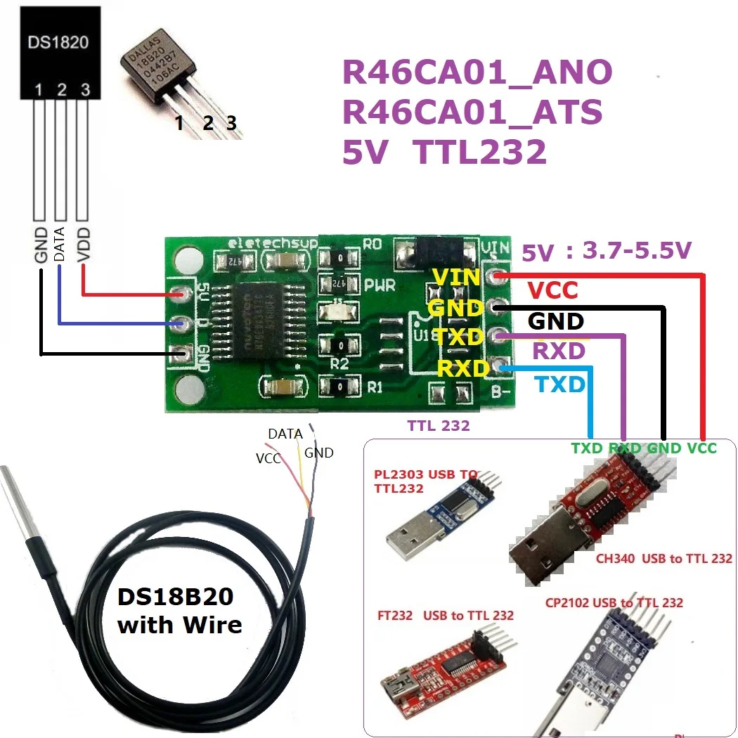 5x R46CA01 Modbus Temperature Acquisition Sensor DS18B20 RS485 Serial Protocol Board 3.7V 5V 6V 9V 12V 24V Modbus