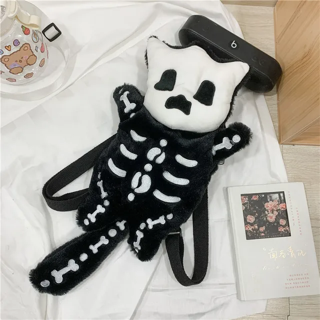 Spooky Skeleton Bat Plush Backpack Black Polyester Gothic Animal Fashion Bag