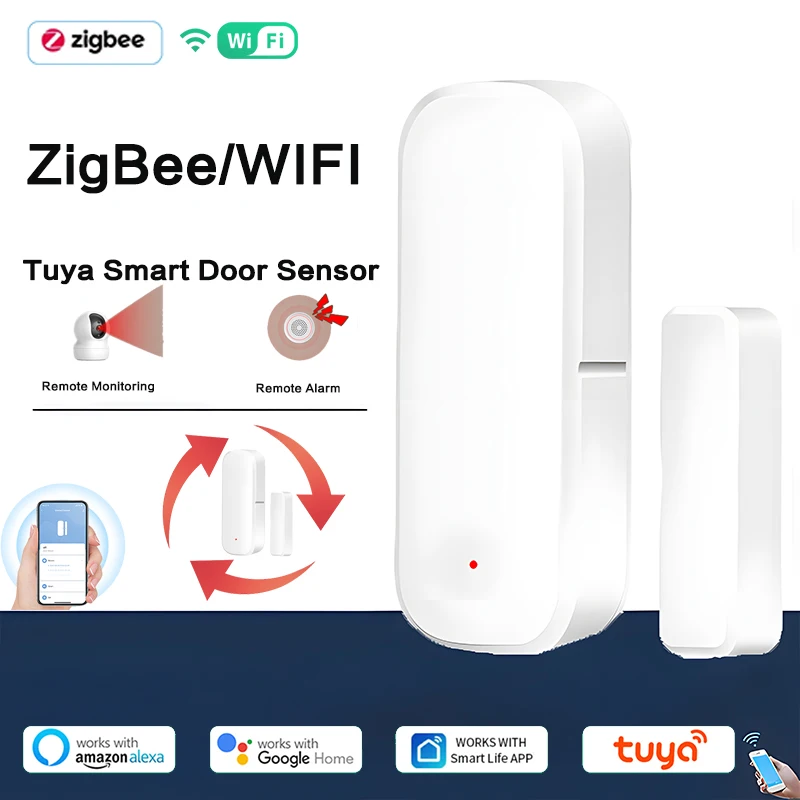 

Смарт-датчик двери Tuya ZigBee, беспроводной детектор открывания/закрытия дверей, с Wi-Fi, работает с приложением Alexa Google