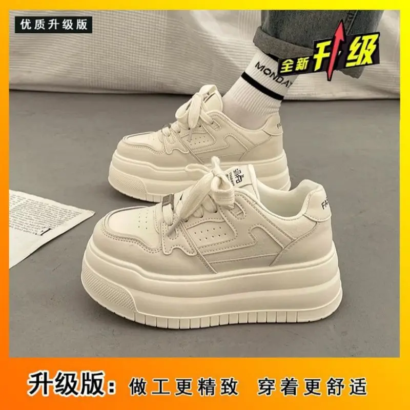 Damskie sneakersy z okrągłym noskiem, wysokie, z miękką podeszwą, na grubym obcasie, buty typu bread shoes, codzienne sportowe płaskie buty, wygodne, uniwersalne loafersy.