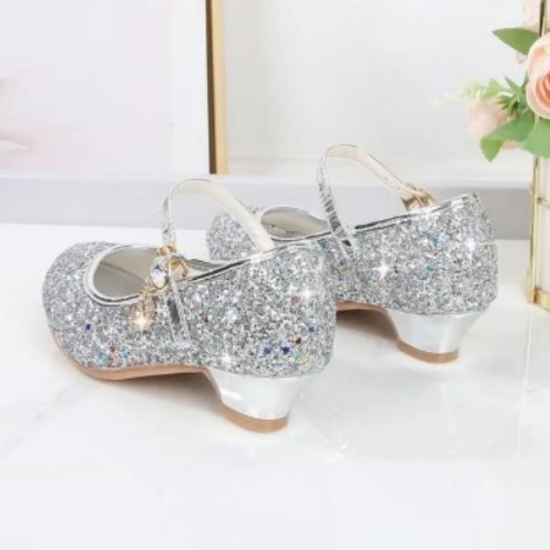 Children's Girls High Heeled Princess Style Cute Simple Flower Shoes Full Sequin Dance Shoes