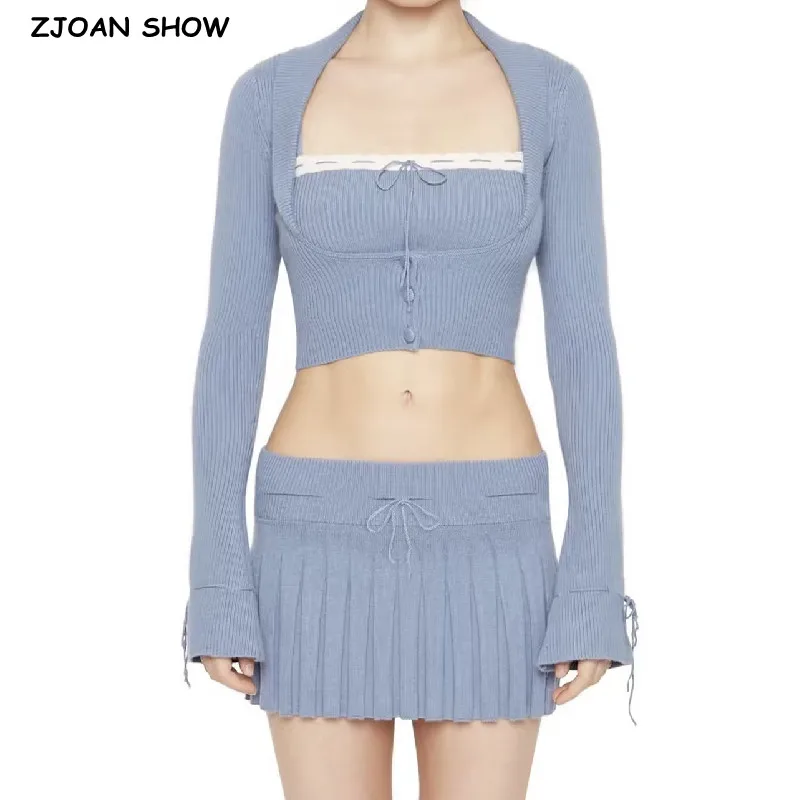 

American Retro Lapel Center Buttons Full Flare Sleeve Crop Cardigan Bow Knitted Camisole Pleated Mini Short Skirt 3 pieces 1 set