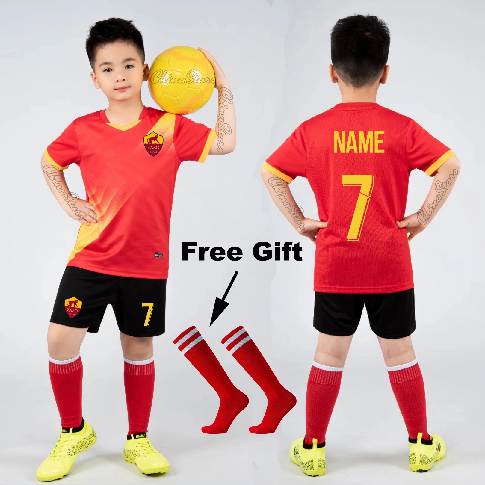 

Детская футбольная майка для мальчиков и девочек, спортивная одежда для футбола, Детская игровая Футбольная Униформа, рубашка, одежда, красные носки