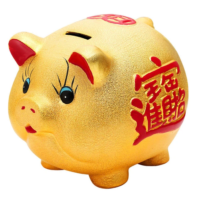Gold Chinese Happiness Pig Piggy Bank
