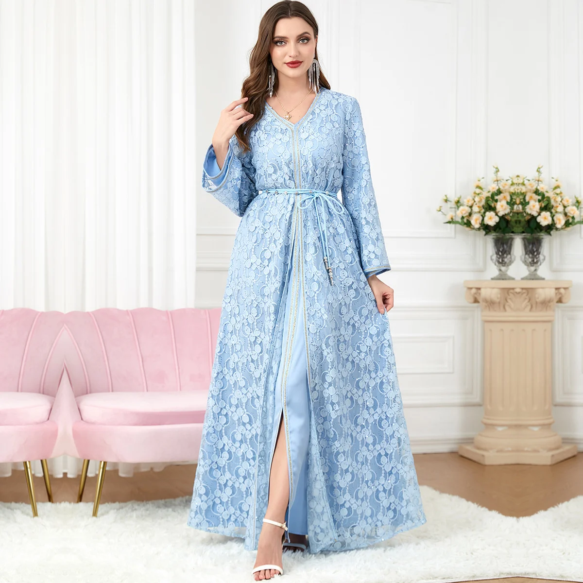 

Muslin Kaftan Suit Women's Fashion 2023 New Long-sleeved Split Women's Long Dress Dubai Islamic Ramadan Women Dress Clothing