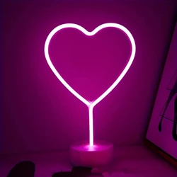 Neon Heart LED Night Light in Pink with Base - Battery Powered Decorative Table Lamp (Pink)