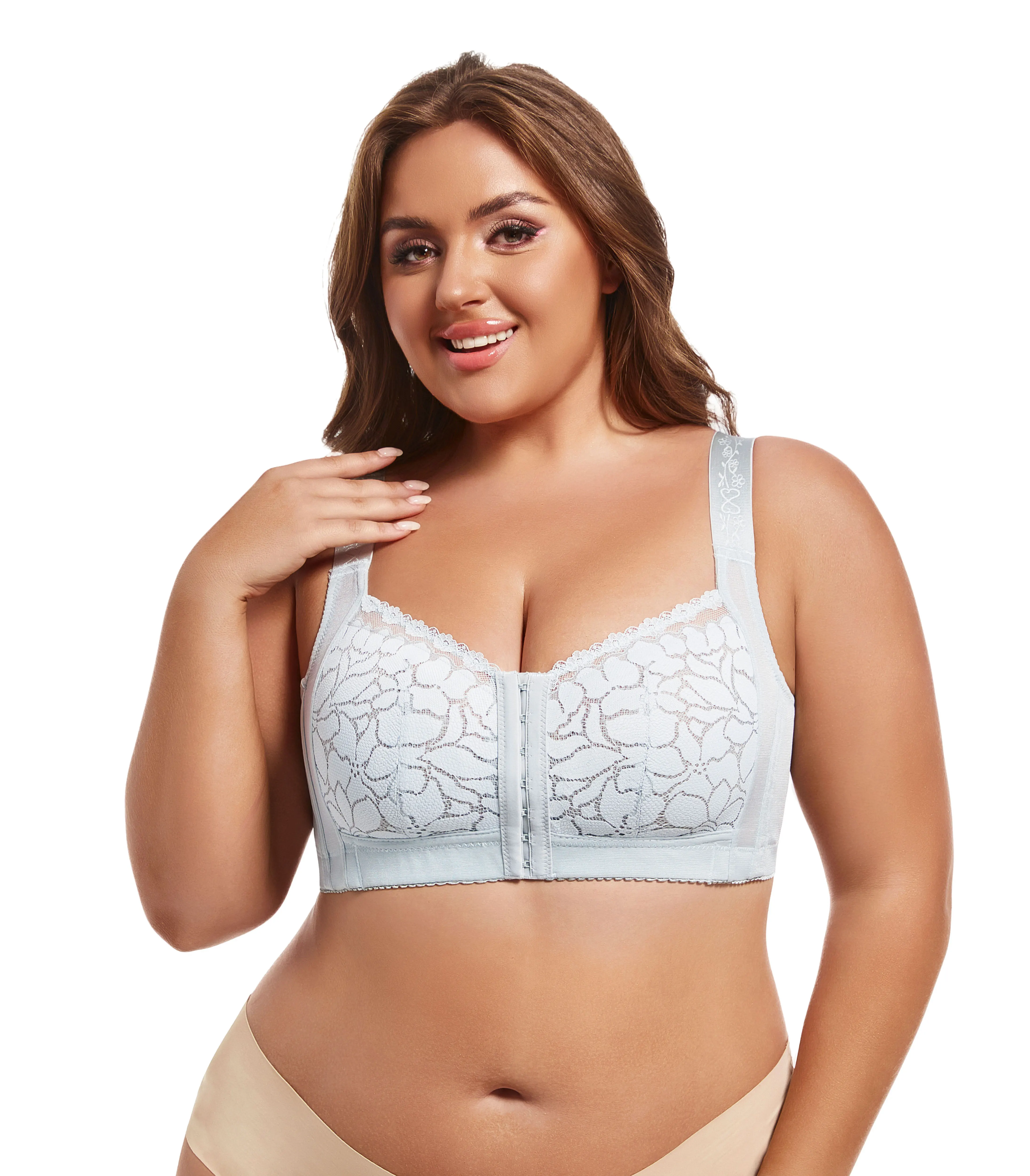 Women's plus size lace underwear with front buckle lightweight design without steel ring adjustable lifting and anti sagging bra
