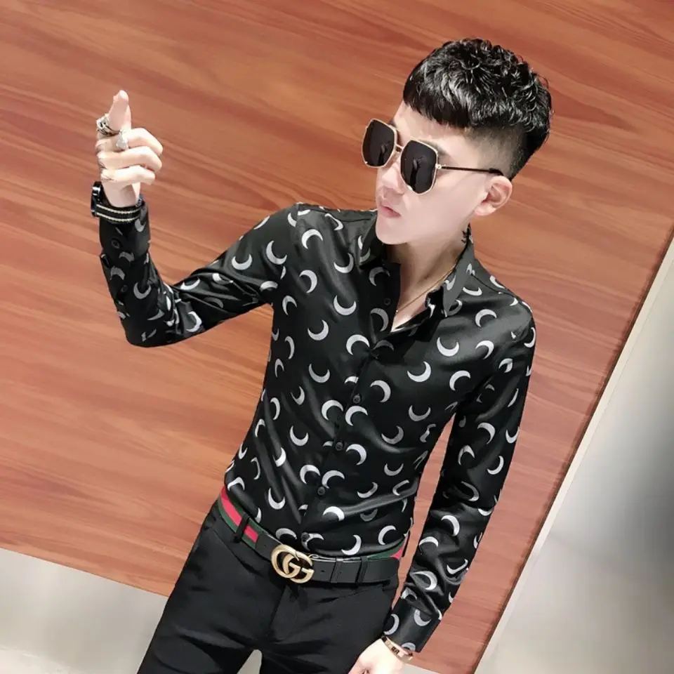 

Men's long sleeve printed shirt spring and autumn new handsome fashion Korean slim shirt